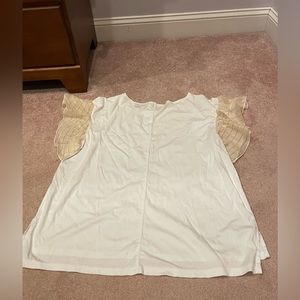 Anthropologie White and Yellow Ruffle Sleeve T-Shirt